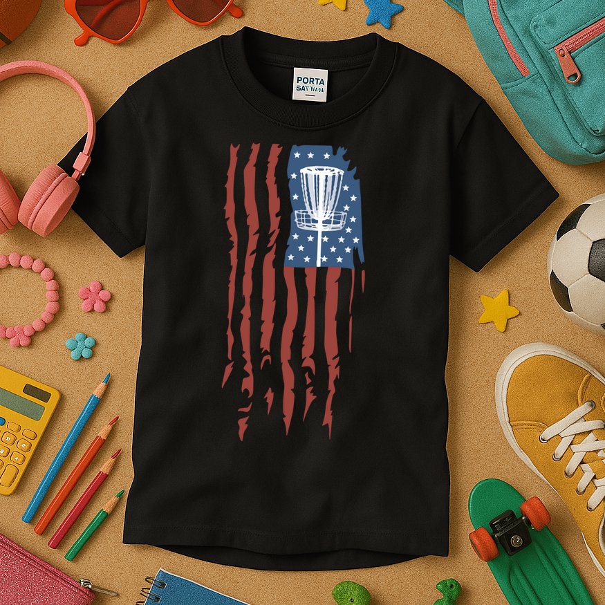 Funny Disc Golf American Flag Disc Frisbee Golf Kids T-Shirt