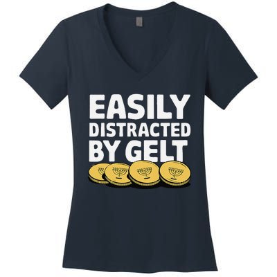 Funny Dreidel Gelt Chanukah Jewish Menorah Hanukkah Gelt Women's V-Neck T-Shirt