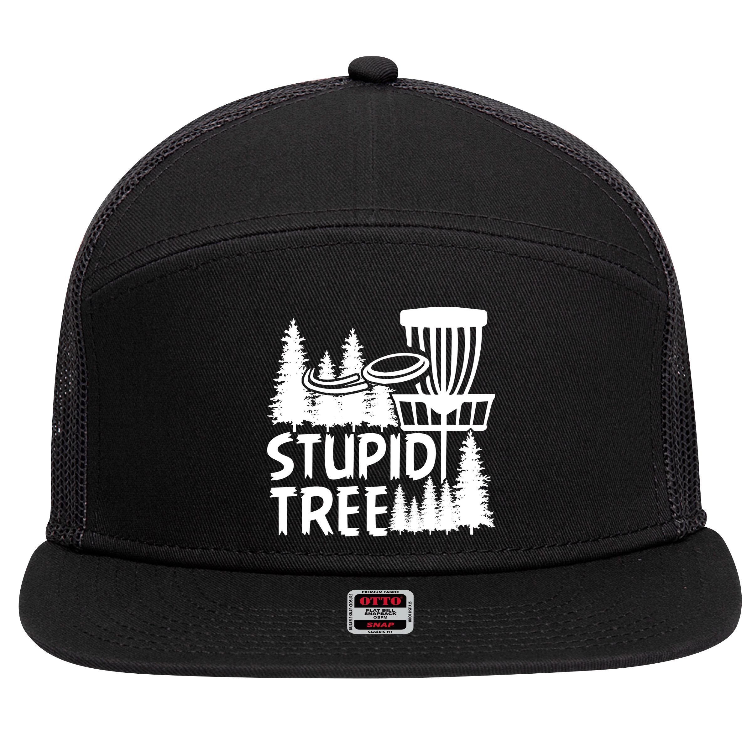 Funny Disc Golf Stupid Tree Distressed Frisbee Golf 7 Panel Mesh Trucker Snapback Hat