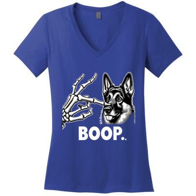 Funny Dog German Shepherd Skeleton Hand Boop Costume Women's V-Neck T-Shirt