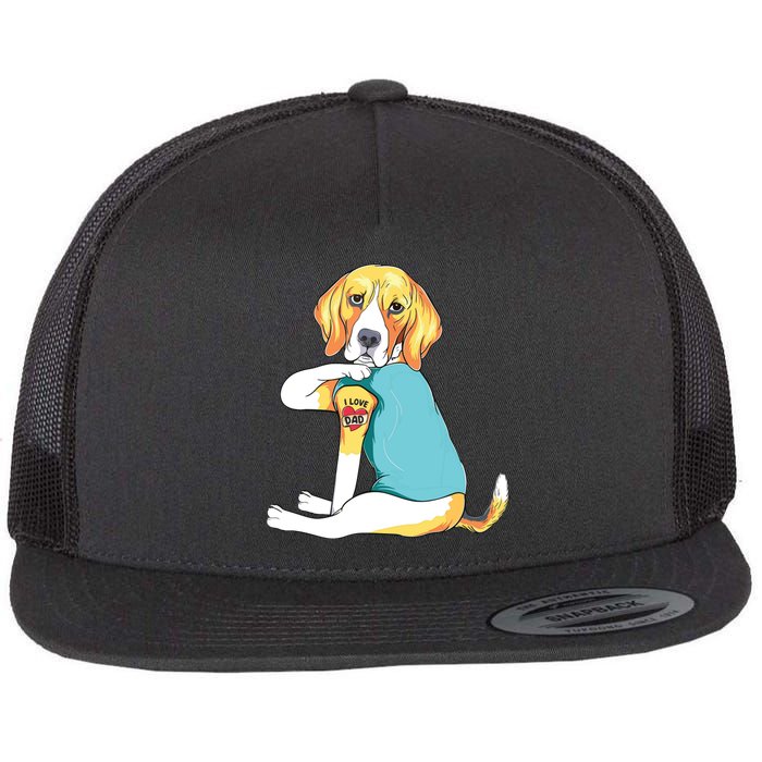 Fathers Day Gift Funny Dog Dad Beagle I Love Dad Tattoo Flat Bill Trucker Hat