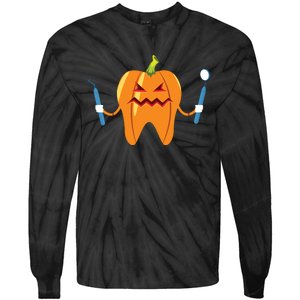 Funny Dental Halloween Tooth Pumpkin Dentist Tie-Dye Long Sleeve Shirt