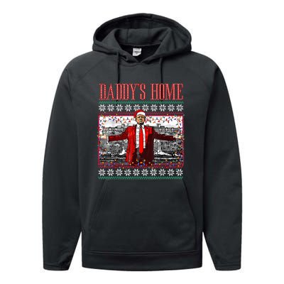 Funny DaddyS Home Trump Ugly Christmas Sweater Xmas Pajamas Performance Fleece Hoodie