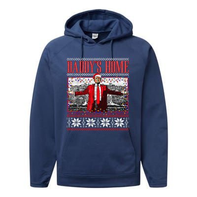 Funny DaddyS Home Trump Ugly Christmas Sweater Xmas Pajamas Performance Fleece Hoodie