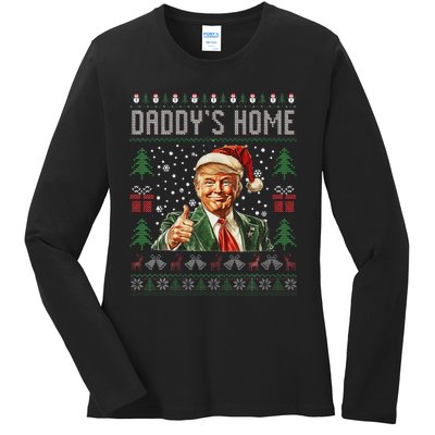 Funny DaddyS Home Trump Ugly Christmas Sweater Xmas Pajamas Ladies Long Sleeve Shirt