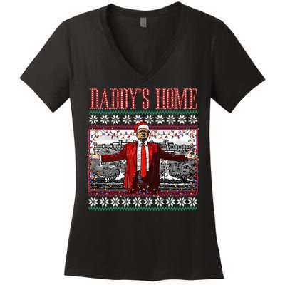 Funny DaddyS Home Trump Ugly Christmas Sweater Xmas Pajamas Women's V-Neck T-Shirt