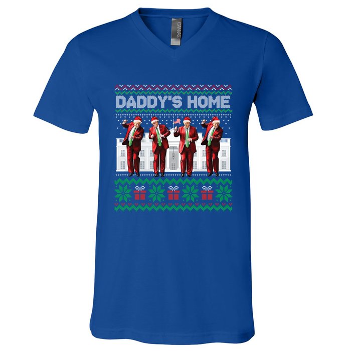 Funny DaddyS Home Trump Dance Ugly Christmas Xmas Gift V-Neck T-Shirt