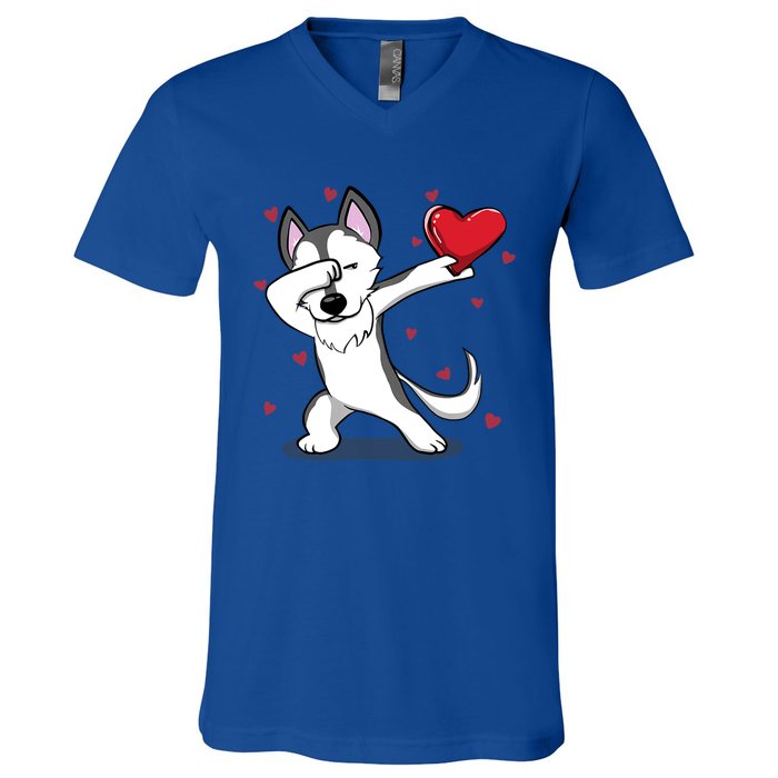 Funny Dabbing Husky Heart Valentine's Day Gift V-Neck T-Shirt