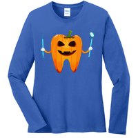 Funny Dental Halloween Tooth Pumpkin Dentist Halloween Gift Ladies Long Sleeve Shirt