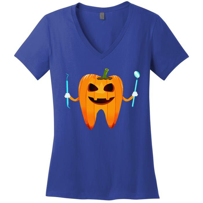 Funny Dental Halloween Tooth Pumpkin Dentist Halloween Gift Women's V-Neck T-Shirt