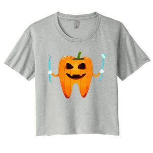 Funny Dental Halloween Tooth Pumpkin Dentist Halloween Gift Women's Crop Top Tee