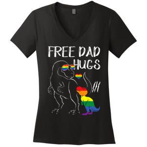 Free Dad Hugs LGBT Pride Dad Dinosaur Rex Proud Ally Women's V-Neck T-Shirt