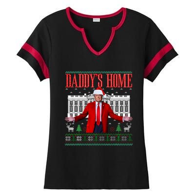 Funny DaddyS Home Trump Ugly Christmas Xmas Pajamas Gift Ladies Halftime Notch Neck Tee