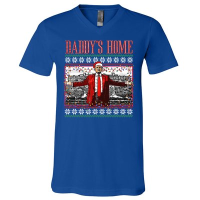 Funny DaddyS Home Trump Ugly Christmas Xmas Pajamas Gift V-Neck T-Shirt