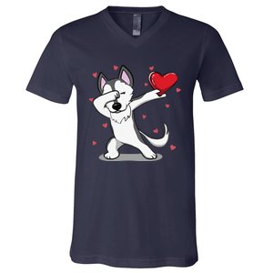 Funny Dabbing Husky Heart Valentine's Day Gifts V-Neck T-Shirt