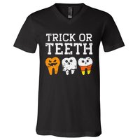 Funny Dental Halloween Treat Dentist Gift Trick or Teeth V-Neck T-Shirt