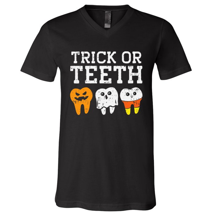 Funny Dental Halloween Treat Dentist Gift Trick or Teeth V-Neck T-Shirt