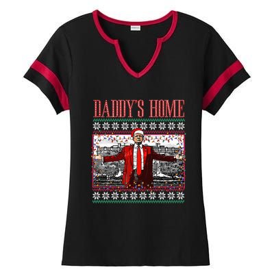 Funny DaddyS Home Trump Ugly Christmas Sweater Xmas Pajamas Ladies Halftime Notch Neck Tee