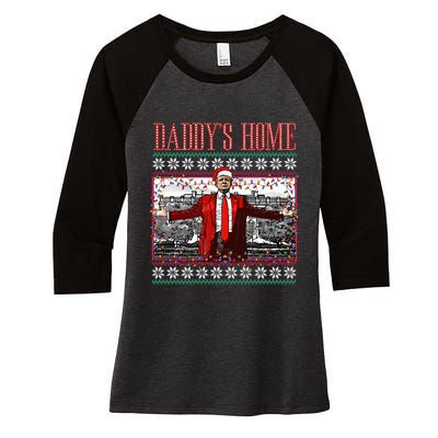 Funny DaddyS Home Trump Ugly Christmas Sweater Xmas Pajamas Women's Tri-Blend 3/4-Sleeve Raglan Shirt