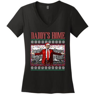 Funny DaddyS Home Trump Ugly Christmas Sweater Xmas Pajamas Women's V-Neck T-Shirt