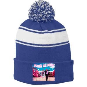 Funny DaddyS Home Trump Pink 2024 Take America Back 2024 Gift Stripe Pom Pom Beanie