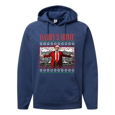 Funny DaddyS Home Trump Ugly Christmas Sweater Xmas Pajamas Performance Fleece Hoodie