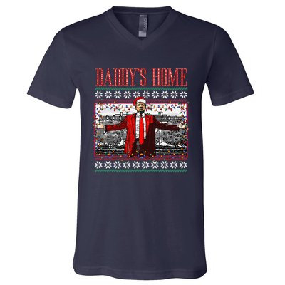 Funny DaddyS Home Trump Ugly Christmas Sweater Xmas Pajamas V-Neck T-Shirt