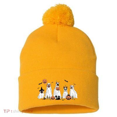 Funny Dog Halloween Trick Or Treat Boo Ghost Pumpkin Dogs Pom Pom 12in Knit Beanie
