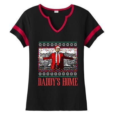 Funny DaddyS Home Trump Ugly Christmas Sweater Xmas Pajamas Ladies Halftime Notch Neck Tee