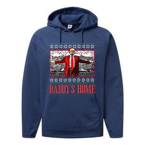 Funny DaddyS Home Trump Ugly Christmas Sweater Xmas Pajamas Performance Fleece Hoodie