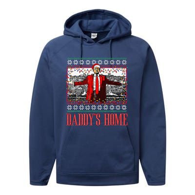 Funny DaddyS Home Trump Ugly Christmas Sweater Xmas Pajamas Performance Fleece Hoodie