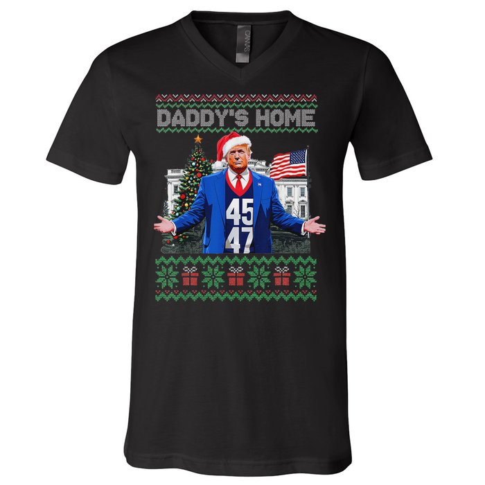 Funny DaddyS Home Trump Ugly Christmas Sweater Xmas Pajamas V-Neck T-Shirt