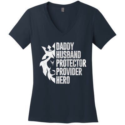 Funny Daddy Husband Protector Provider Hero For Father Day Women's V-Neck T-Shirt