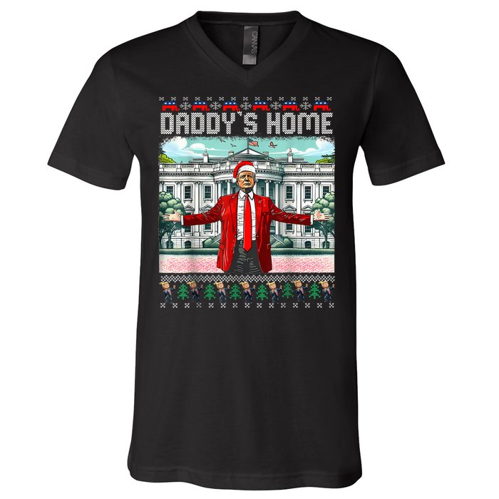 Funny Daddys Home Trump Ugly Christmas Sweater Pajamas V-Neck T-Shirt