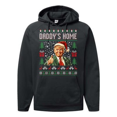 Funny DaddyS Home Trump Ugly Christmas Sweater Xmas Pajamas Performance Fleece Hoodie