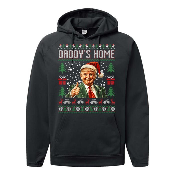 Funny DaddyS Home Trump Ugly Christmas Sweater Xmas Pajamas Performance Fleece Hoodie