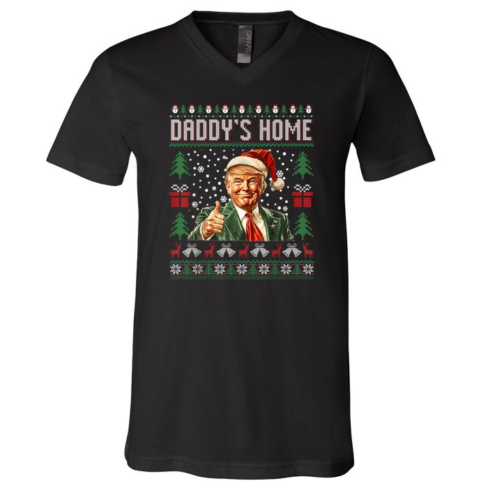 Funny DaddyS Home Trump Ugly Christmas Sweater Xmas Pajamas V-Neck T-Shirt