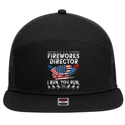 Fireworks Director I Run You Run Flag Funny 4th Of July 7 Panel Mesh Trucker Snapback Hat
