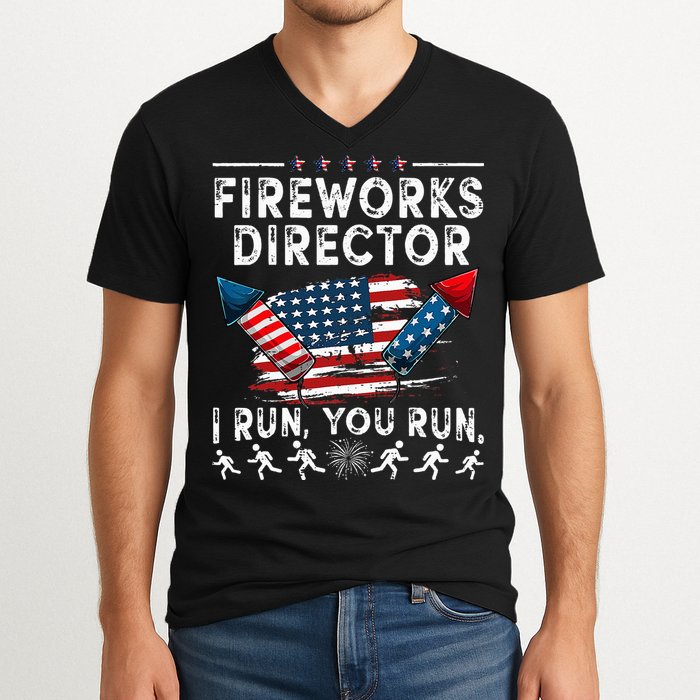 Fireworks Director I Run You Run Flag Funny 4th Of July V-Neck T-Shirt
