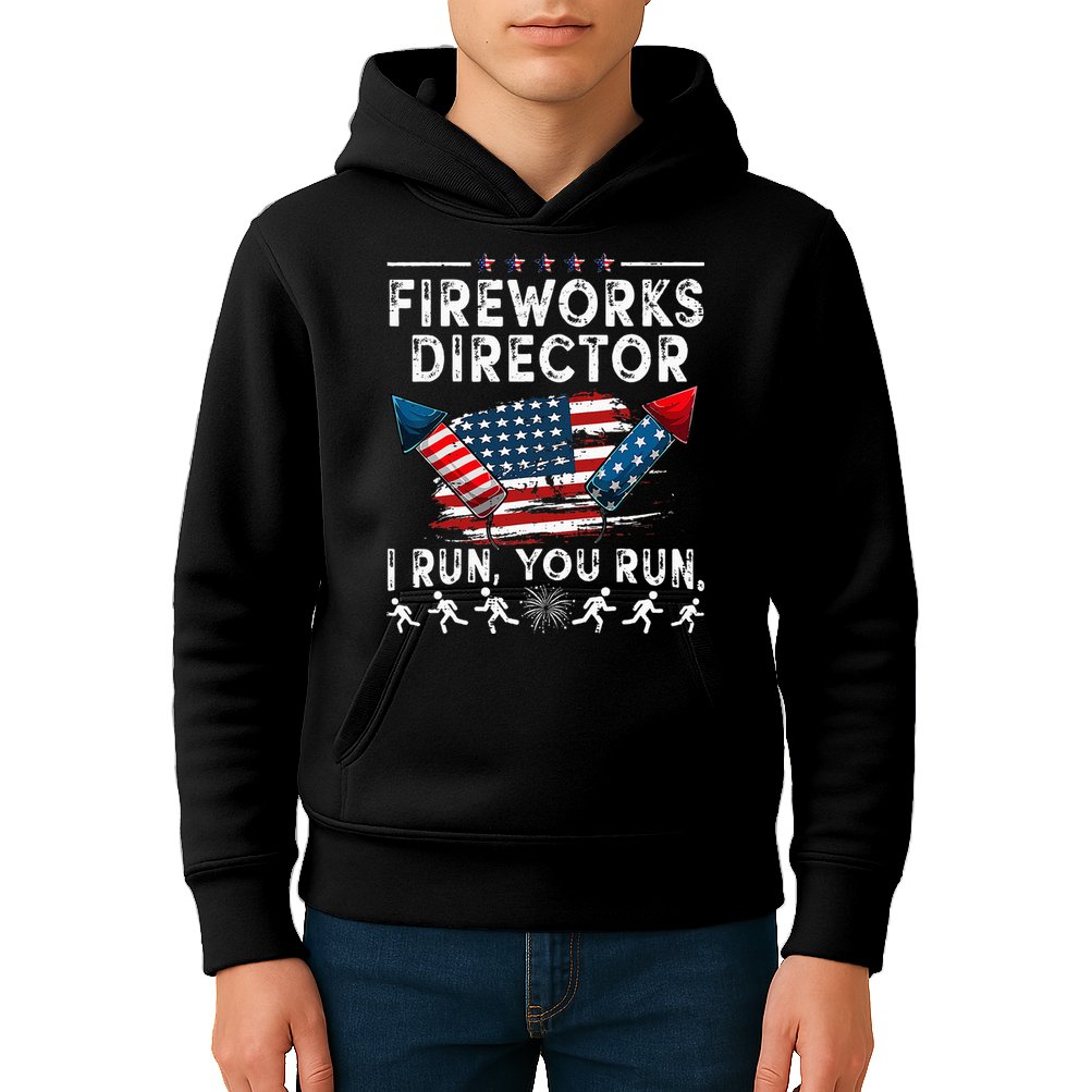Fireworks Director I Run You Run Flag Funny 4th Of July Kids Hoodie