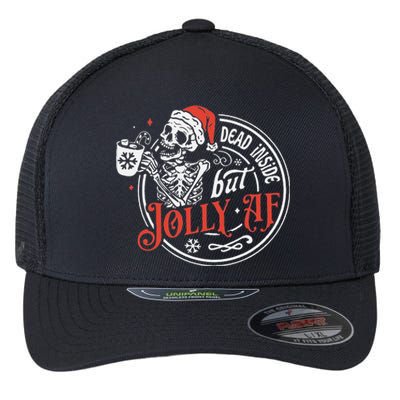 Funny Dead Inside But Jolly Af Dead Inside Jolly Skeleton Christmas Flexfit Unipanel Trucker Cap