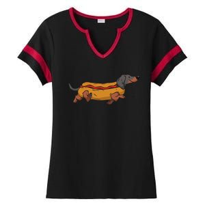 Funny Dachshund In Bun Weiner Hot Dog Cute Foodie Pun Ladies Halftime Notch Neck Tee