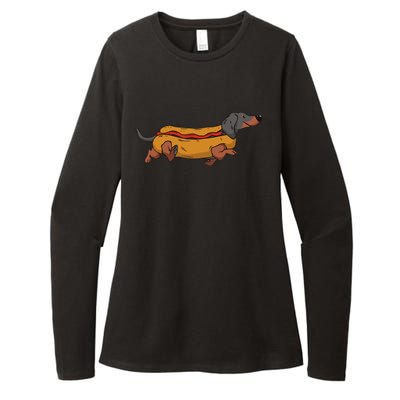 Funny Dachshund In Bun Weiner Hot Dog Cute Foodie Pun Womens CVC Long Sleeve Shirt