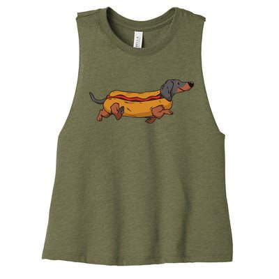 Funny Dachshund In Bun Weiner Hot Dog Cute Foodie Pun Women's Racerback Cropped Tank