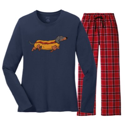 Funny Dachshund In Bun Weiner Hot Dog Cute Foodie Pun Women's Long Sleeve Flannel Pajama Set 