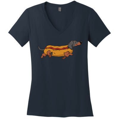 Funny Dachshund In Bun Weiner Hot Dog Cute Foodie Pun Women's V-Neck T-Shirt