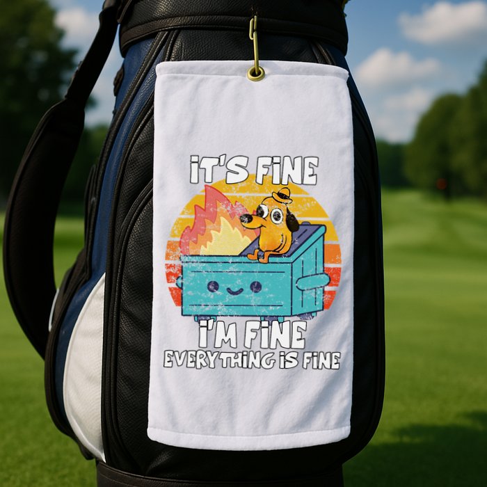 Funny Dumpster Its Fine IM Fine Everything Is Fine Dog Meme Golf Towel