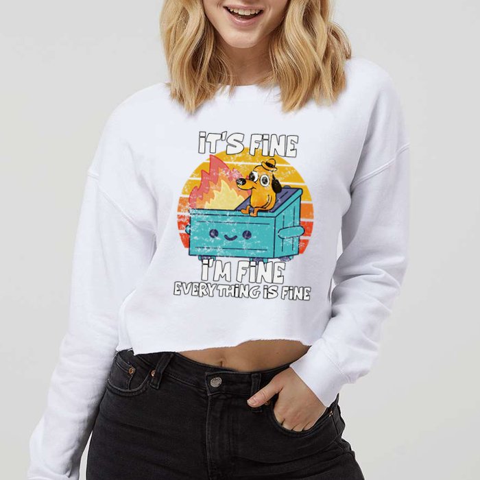 Funny Dumpster Its Fine IM Fine Everything Is Fine Dog Meme Cropped Pullover Crew