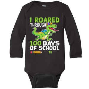 Fun Dinosaur I Roared Through 100 Days Of School Tk Baby Long Sleeve Bodysuit