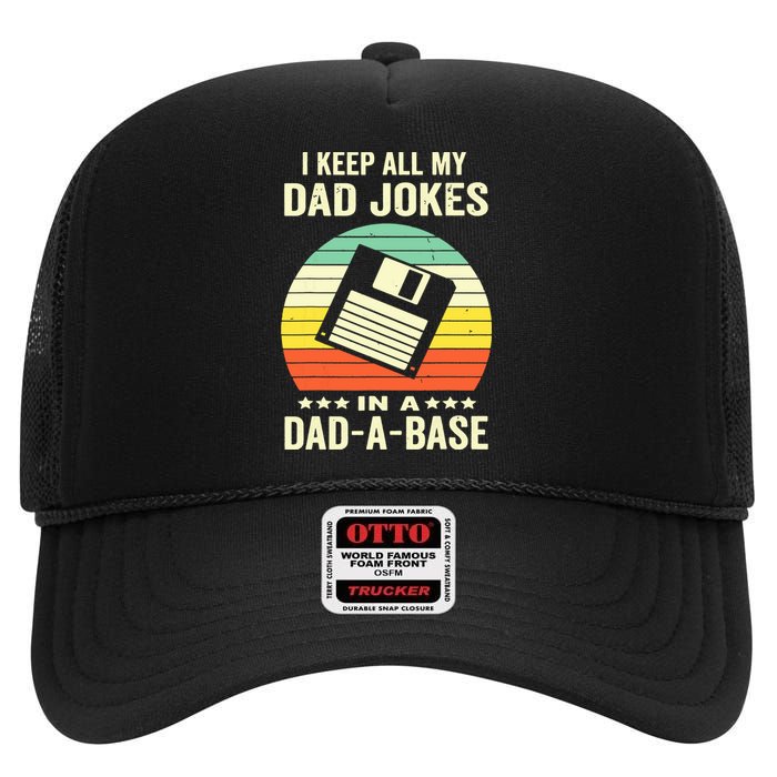 Funny Dad Jokes In Dadabase Vintage For Fathers Day High Crown Mesh Back Trucker Hat